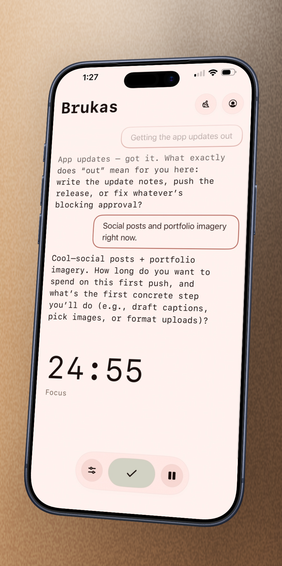 Brukas iPhone app showing a conversational focus session