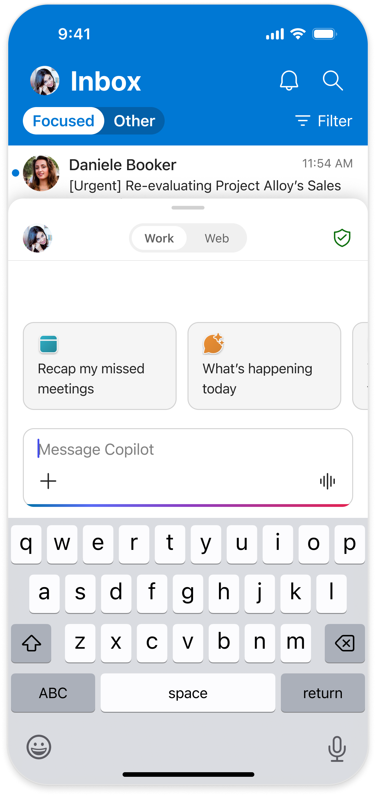 Outlook mobile Copilot Command Center compose screen, keyboard up, floating over the inbox
