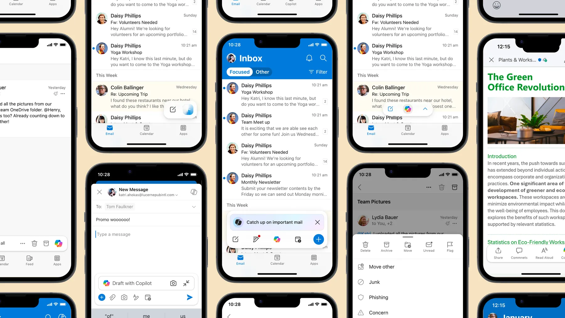 DAB prototype slide · high-fidelity prototype showing the Dynamic Action Bar in Outlook mobile