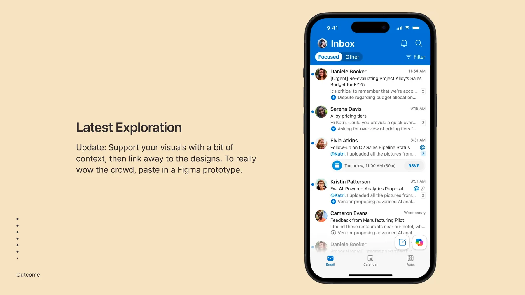 DAB final design · Outlook mobile action bar with anchored Copilot entry and customizable actions