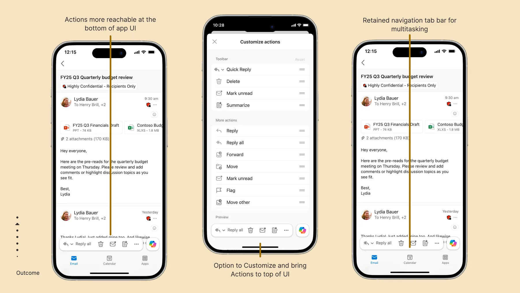 DAB final design · navigation and reachability showing retained tab bar and bottom-anchored actions