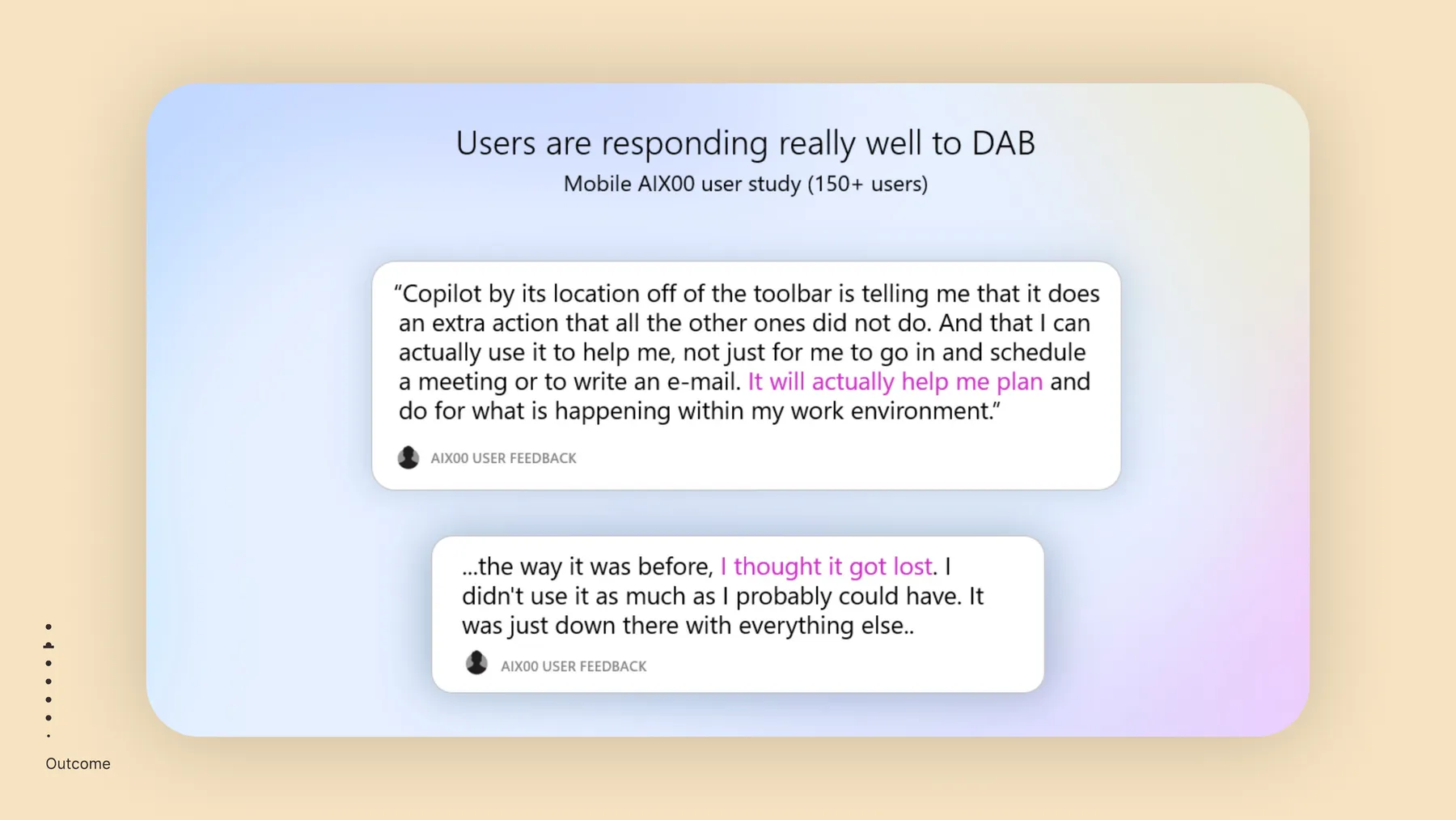 DAB quotes slide · user feedback from the Mobile AIX00 user study