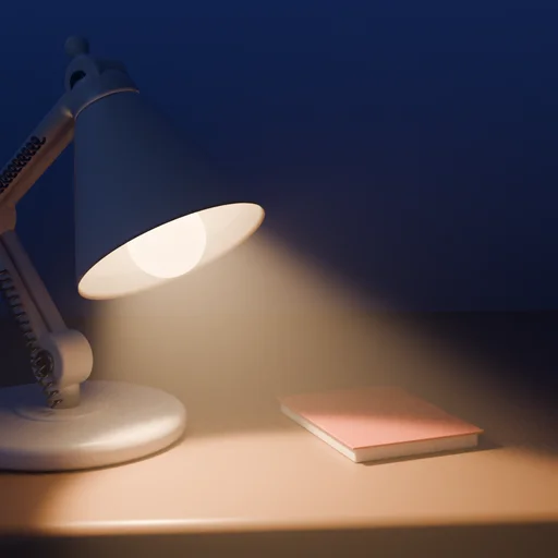Desklamp app icon: a white desk lamp lighting a desk at night