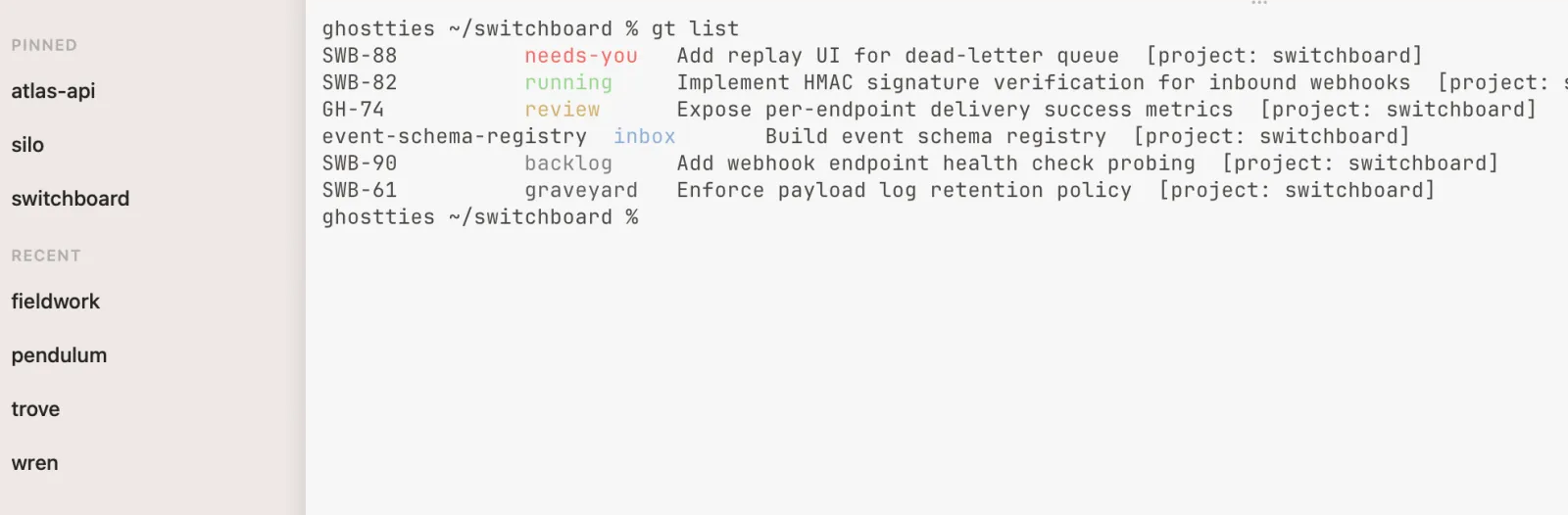 The gt CLI listing tasks by status, reading the same Markdown files as the sidebar