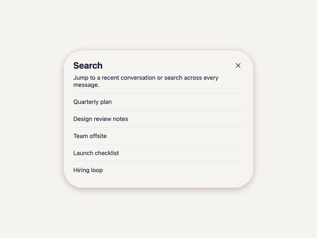 An open sheet titled Search with a list of five recent items.